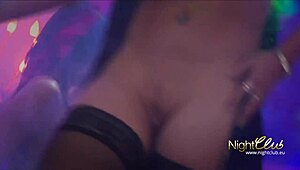 Dirty bitches with ripped clothes performing striptease and licking