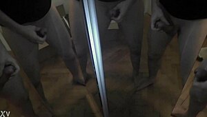 one man surrounded by six cocks in a mirror cumshot scene