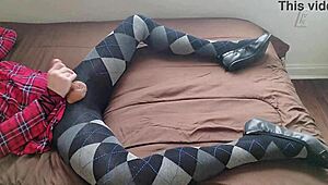 Shemale Teases with Jerking Off in Plaid Dress and Argyle Tights