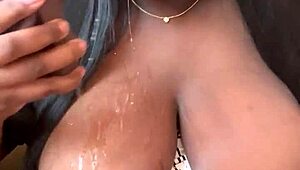 Ebony BBW deepthroats dildo, fucks squirting pussy.