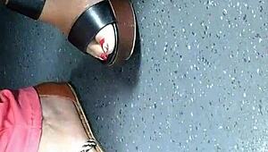 Mature feet candidly shown in wedges and sandals