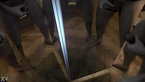 one man surrounded by six cocks in a mirror cumshot scene