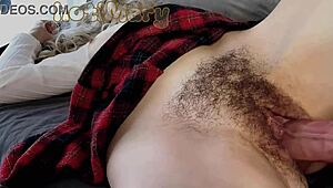 Big Cock Stepson Risks Fucking Hairy Pussy And Creampies Closeup!