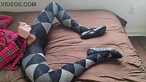 Shemale Teases with Jerking Off in Plaid Dress and Argyle Tights