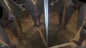 one man surrounded by six cocks in a mirror cumshot scene