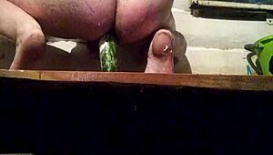 russian guy fucks his tattooed ass with dildo and cucumber 😈