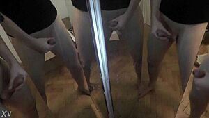 one man surrounded by six cocks in a mirror cumshot scene