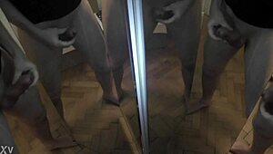 one man surrounded by six cocks in a mirror cumshot scene