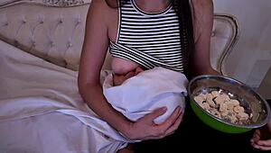 stepmother breastfeeds her adult stepson with taboo lactating tits