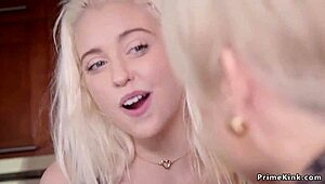 Blonde step mom and teen 18+ share cock in a kinky threesome with bondage and domination.