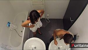 Cam girls duo soft in bathroom with pornstar voyeur vibes