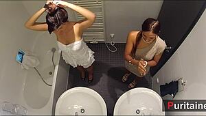 Cam girls duo soft in bathroom with pornstar voyeur vibes