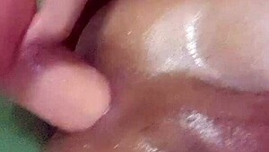 Tight shemale contrasts soft play with huge dildo insertion