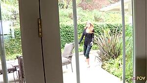 The blonde lesbian intruder takes the brunette to the bedroom where she eats her ass and fingers it