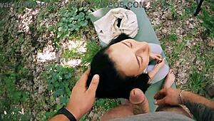 pov bts freeuse jerking on ponytail brunette during her meditation - huge free use facial