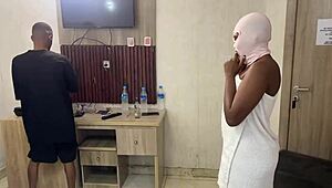 Sexy ebony neighbor gets hardcore anal fucking with rimming butt plug and screaming in hotel quickie