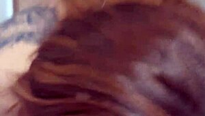 The huge husband commands his wife to kneel and suck his massive cock while admiring her big ass.