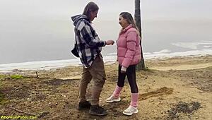 Flexible girl gets roughly banged in public forest with group facial