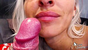 Teen girl sensually licks balls to oral creampie closeup