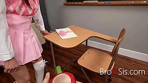 Teacher and student step sibling duos threesome in classroom