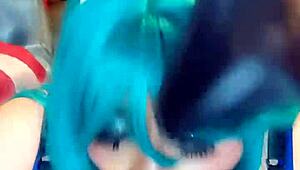 Naughty transsexual bunny with big tits and ass rides cock in cowgirl position.