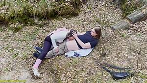 Flexible girl gets roughly banged in public forest with group facial