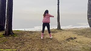 Flexible girl gets roughly banged in public forest with group facial