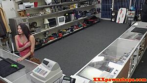 Gorgeous pawn shop babe gets bent over and fucked doggystyle at work.