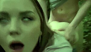 Naughty chick fucks outside in the forest on the meadow and in public places.