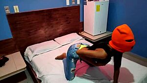 Brunette Stepsister Teases with Masked Hip Shakes in Hotel