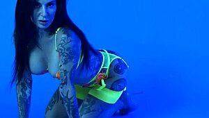petite busty milf joanna angel slips out of her colorful neon lingerie