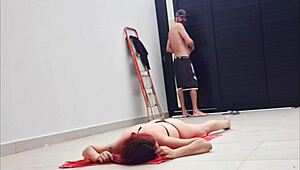 safada sunbathing in bikini in backyard with neighbor fixing her gate