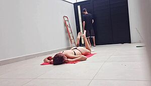 safada sunbathing in bikini in backyard with neighbor fixing her gate