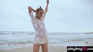 Skinny Italian MILF plays with balloons on the beach 😊