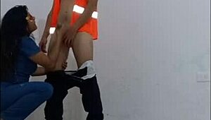 Janitor seduced by nurse then fucks her in office hallway