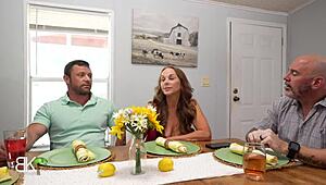 Stepmom subtly seduces big cock stepson as stepdad talks on phone