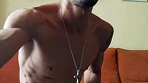 Tattooed Spanish Guy Cums Watching Porn
