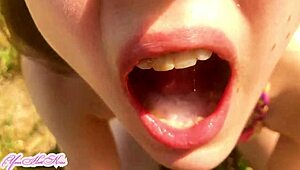 Why give a blowjob outdoors and swallow cum? she asks with a smile