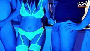 Wife Sucks Two Cocks In Neon Light Threesome