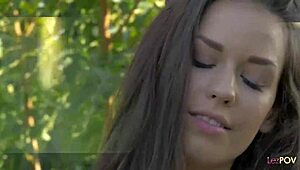 Brunette Tattooed Lesbian Fingers Shaved Pussy While Kissing Outdoors