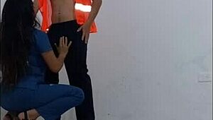 Janitor seduced by nurse then fucks her in office hallway