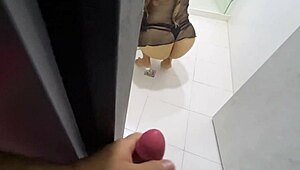 i find my big-assed stepmother shaking her ass while cleaning the bathroom and jerk off behind her