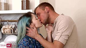 I watched Rebecca Nikson, that cute teen with blue hair, get fucked in the kitchen... whoops, cum everywhere