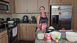 Naked housewife luci power cooks mac and cheese in kitchen