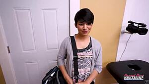 Brunette hottie Jae Scott gives blowjob and gets wet pussy pounded