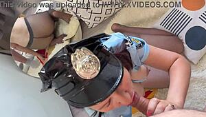 Milf police neighbor in pantyhose sucks cock hard until cum
