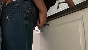 comes home, finds stepmom washing dishes, fucks her from behind quick, big cumshot.