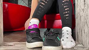 Goddess Plays with Feet in Socks and Barefoot Under Table