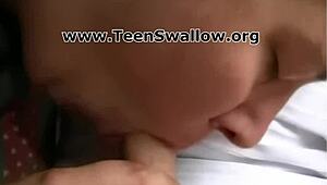 Teen eagerly swallows cum