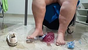 coolmarina tired from street gets foot massage with hard eggs on floor